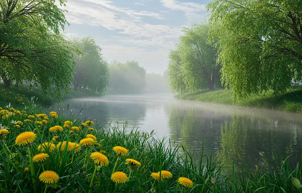 Grass, nature, fog, river, Wallpaper, shore, spring, morning