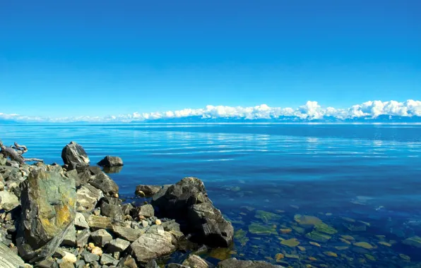 Picture the sky, clouds, lake, stones, shore, horizon, Baikal, Russia