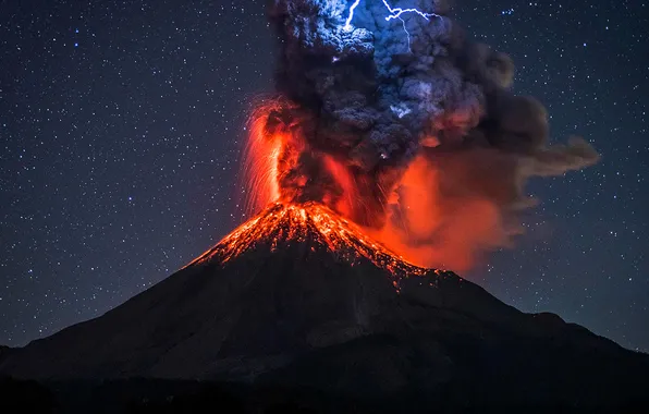 Picture the sky, stars, the explosion, night, lightning, smoke, the volcano, the eruption