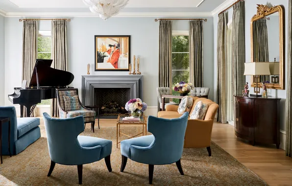 Design, style, room, interior, piano, fireplace, living room, Dallas