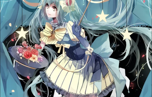 Picture girl, flowers, hat, anime, art, vocaloid, hatsune miku, atsumu