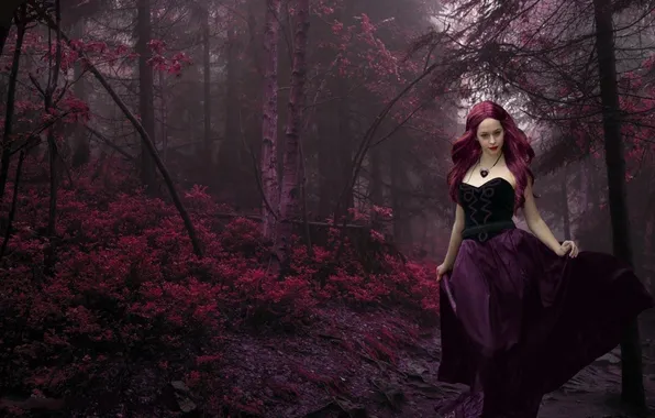 FOREST, DRESS, RED, TREES, CORSET