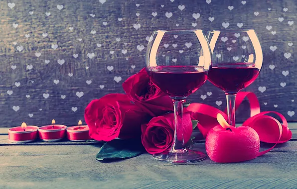 Fire, wine, roses, candles, glasses, hearts