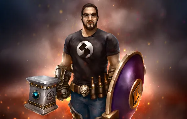Hammer, glasses, male, beard, shield, world of warcraft, fan art, Twitch