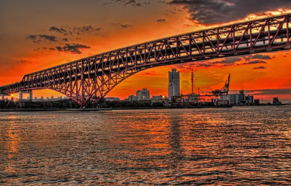The sky, sunset, bridge, the city, home, Japan, Bay, glow