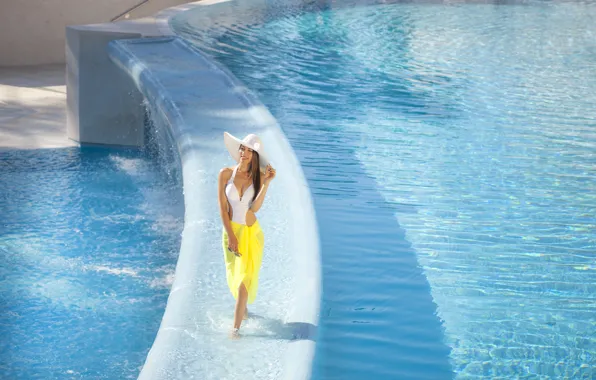 Picture girl, smile, pool, hat