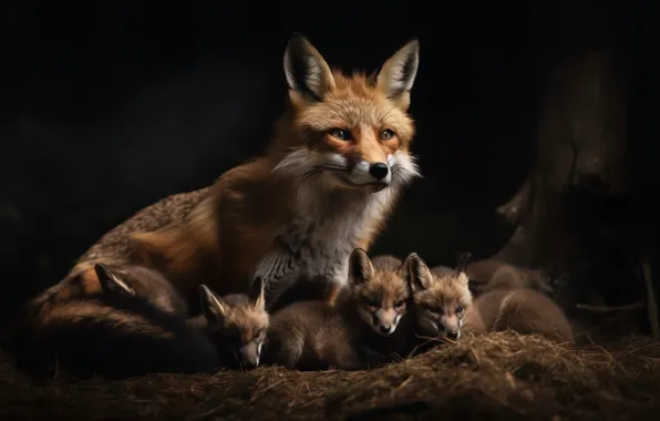Night, the dark background, Fox, Fox, kids, family, cubs, mother