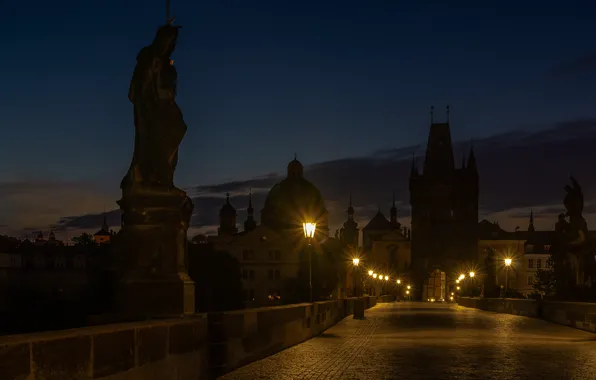 Night, clouds, bridge, lights, darkness, building, home, Prague