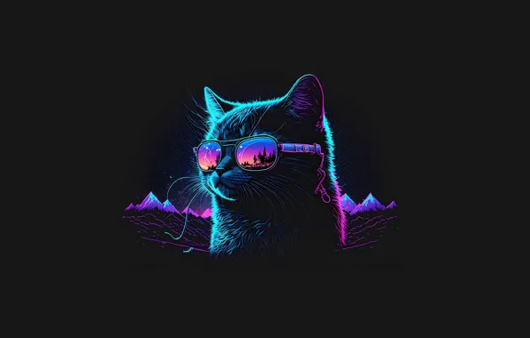 Mountains, cat, neon, glasses