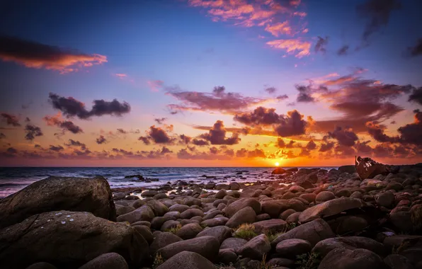 Picture sea, beach, the sun, stones, dawn, morning