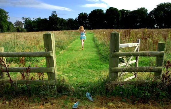 Field, grass, girl, fence, running, Slippers