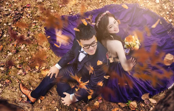 Picture autumn, leaves, girl, pair, guy, wedding