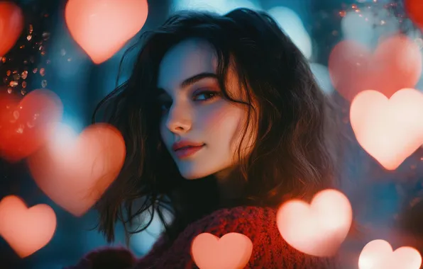 Look, girl, light, love, face, lights, holiday, heart