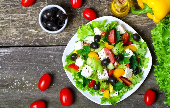 Leaves, oil, cheese, plate, pepper, tomatoes, olives, salad