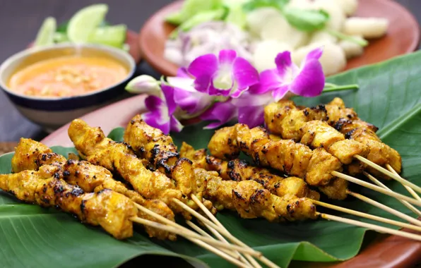 Meat, sauce, Orchid, kebabs
