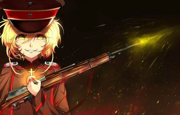 Girl, gun, soldier, military, weapon, war, smile, anime
