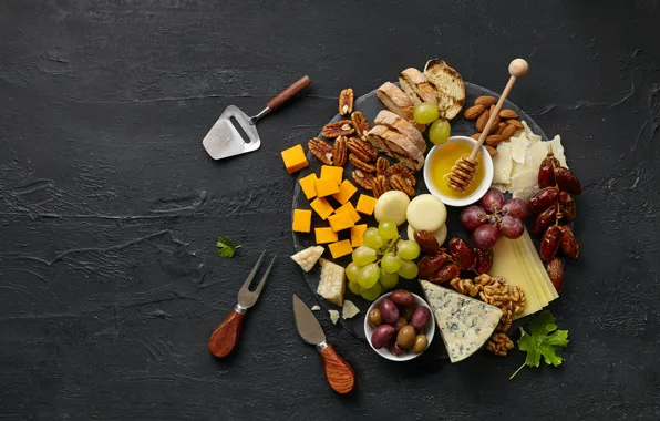The dark background, background, food, cheese, grapes, knife, pieces, plug