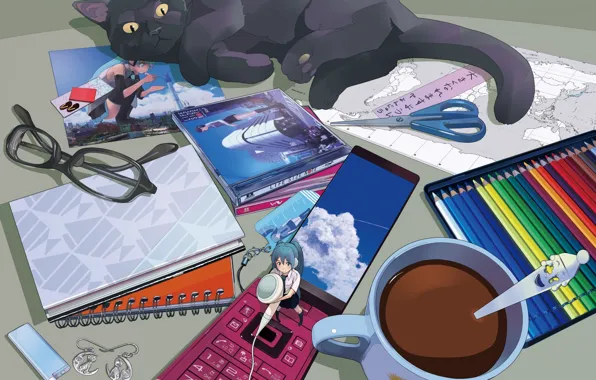 Picture cat, cat, table, map, pencils, headphones, glasses, mug