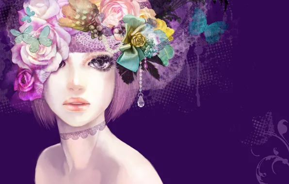 Girl, butterfly, flowers, figure, art, pendant, purple background
