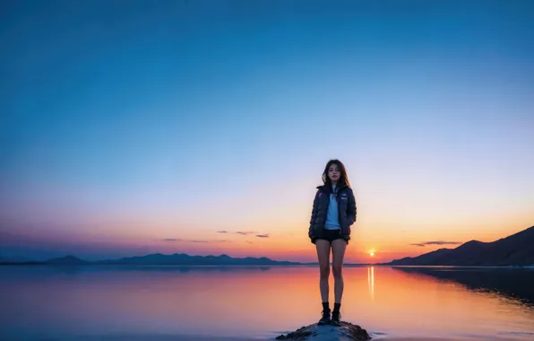 Girl, lake, Asian, digital art, digital art, a solitary figure, Stability AI, Neural networks