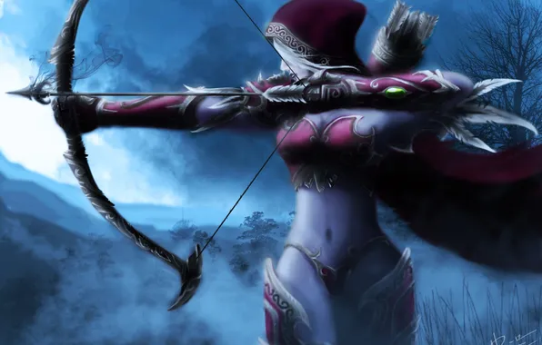 Bow, art, hood, elf, world of warcraft, sylvanas, windrunner