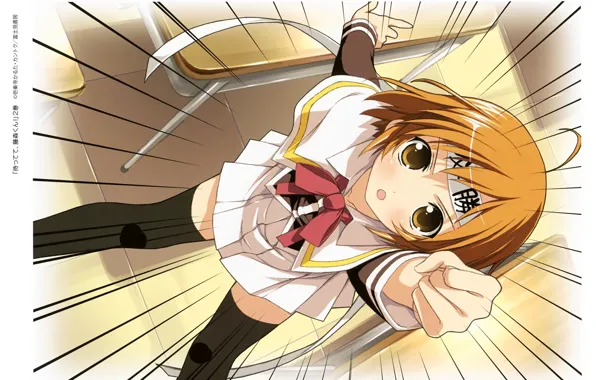 Class, schoolgirl, fist, desks, black stockings, looking up, bandage on forehead, redhead girl