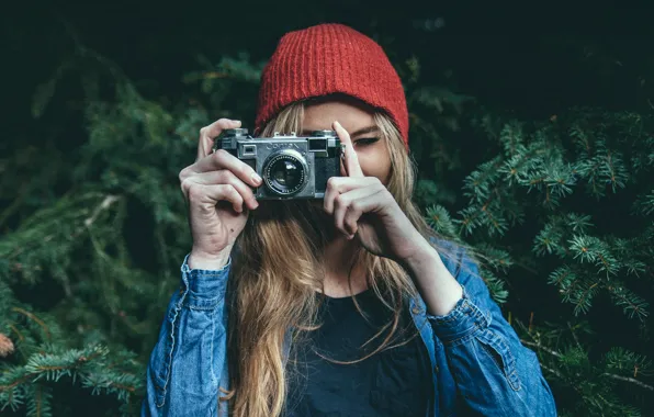 Girl, photo, blonde, red hat