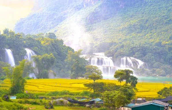 Trees, mountains, nature, waterfall, beauty, panorama, pond