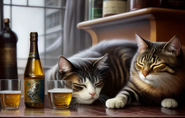 Cats, table, cats, bottle, sleep, glasses, art, kitchen