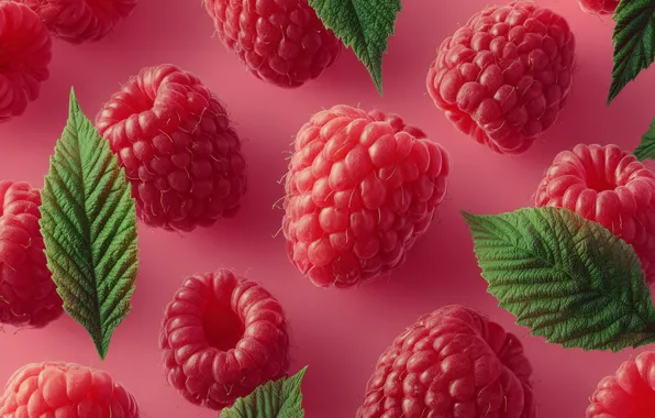 Leaves, berries, raspberry, pink background, AI art, neural network