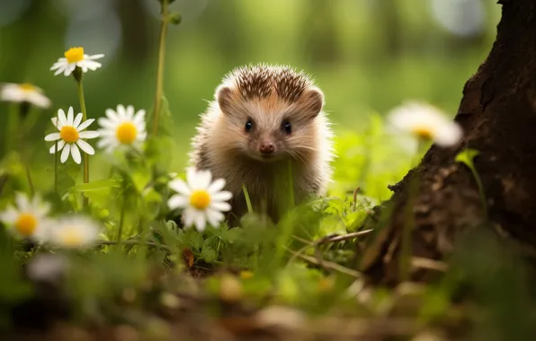 Look, flowers, glade, chamomile, hedgehog, face, hedgehog, bokeh