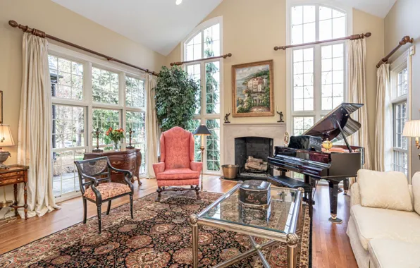 Design, style, interior, piano, fireplace, living room