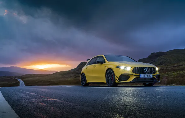 Road, sunset, overcast, lights, Mercedes-Benz, AMG, hatchback, UK-spec