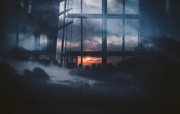 Clouds, reflection, sunset, people, Windows, silhouettes