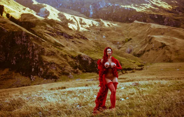 Landscape, mountains, nature, the wind, stockings, feathers, negligee, meadow