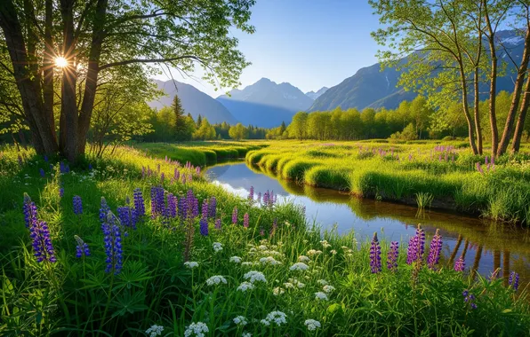 The sky, the sun, clouds, flowers, mountains, river, Wallpaper, wallpaper