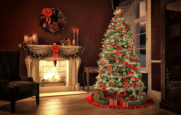 Picture decoration, toys, tree, New Year, Christmas, gifts, fireplace, Christmas