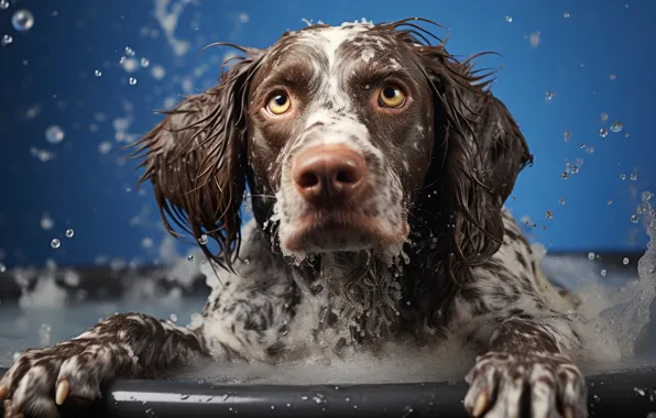 Look, foam, water, pose, bubbles, portrait, dog, wet