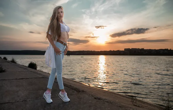 Picture the sky, look, the sun, sunset, pose, river, model, portrait