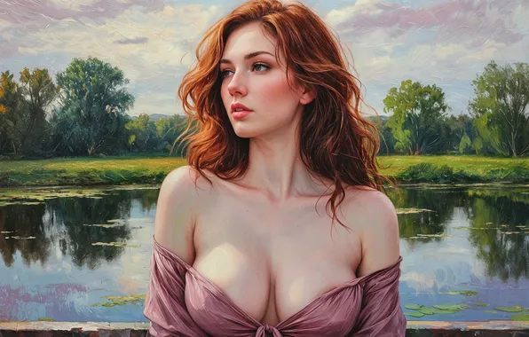 Trees, lake, neckline, bust, digital art, digital art, red-haired beauty, female portrait