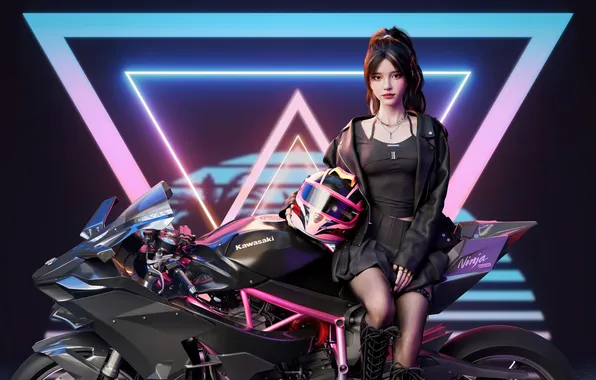 Picture girl, anime, motorcycle, cgi