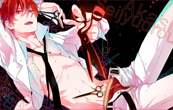 Tie, guy, art, scissors, red hair, Kuroko's basketball, white shirt, Seijuro Akashi