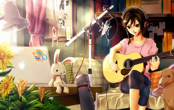 Girl, sunflowers, room, guitar, dog, headphones, art, microphone