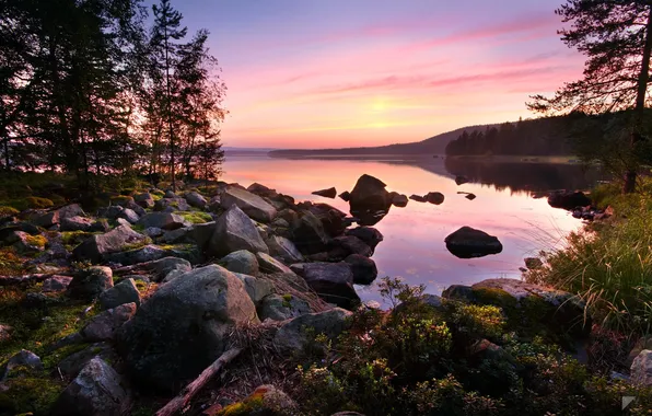 Picture forest, sunset, lake, stones, calm, by Robin de Blanche, Asleep