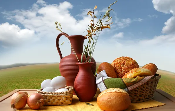 Picture basket, eggs, bow, bread, vase, pitcher, cakes