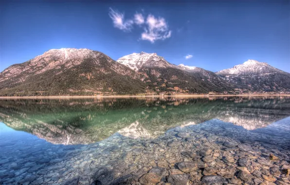 Picture landscape, mountains, lake, reflection, stones, Nature, hdr