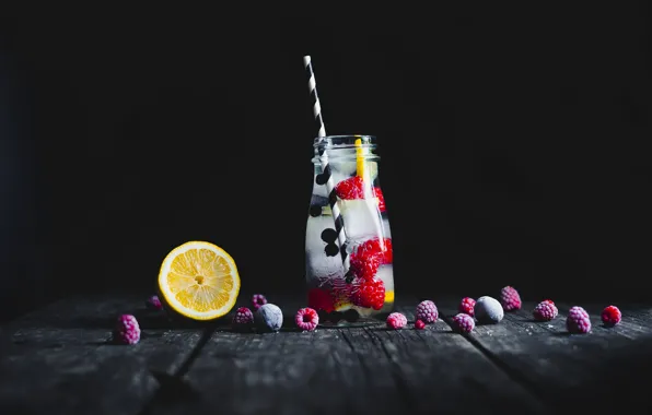 Ice, berries, raspberry, Bank, drink, lemons