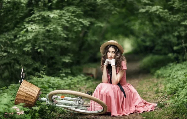 Picture summer, look, girl, nature, bike, pose, basket, model