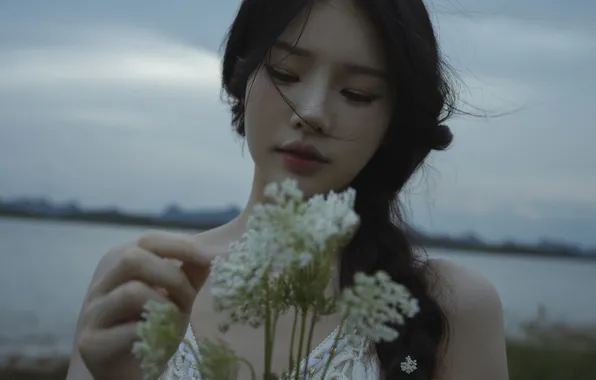 Beautiful, Asian, Model, Flower, Water, Cloudy, Woman, Evening