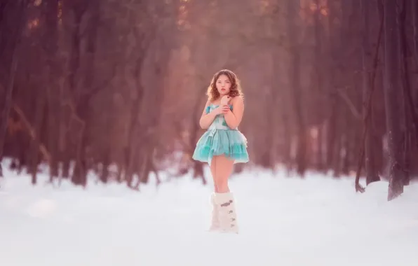 Winter, forest, snow, dress, girl, Blue